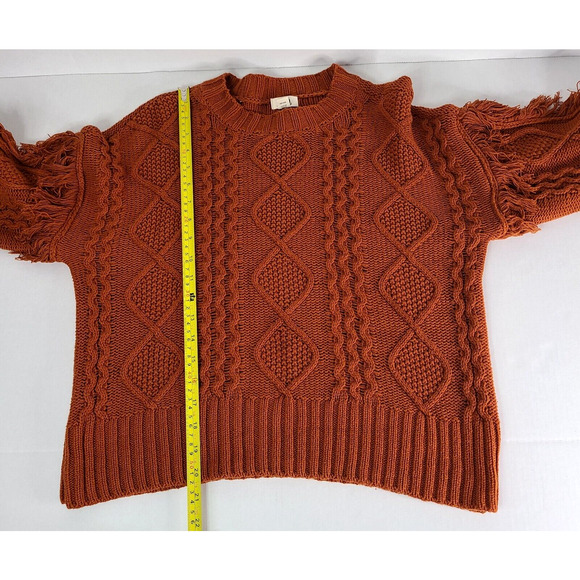 ANA Cable Knit Sweater Petite Small Bishop Sleeve Rust Orange Fringe Bohemian - Picture 11 of 13